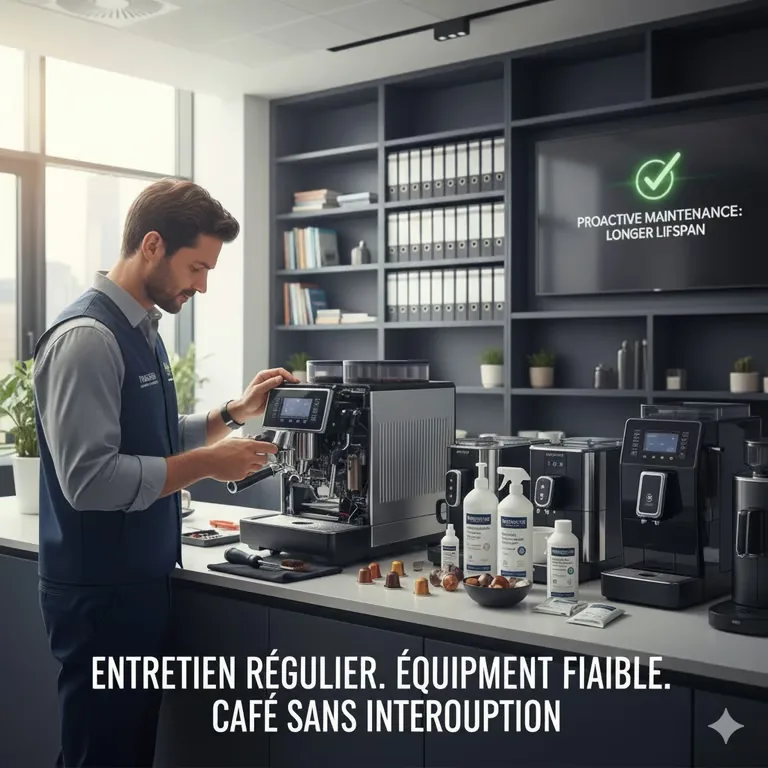 Technicien entretenant une machine à café automatique dans un espace de bureau