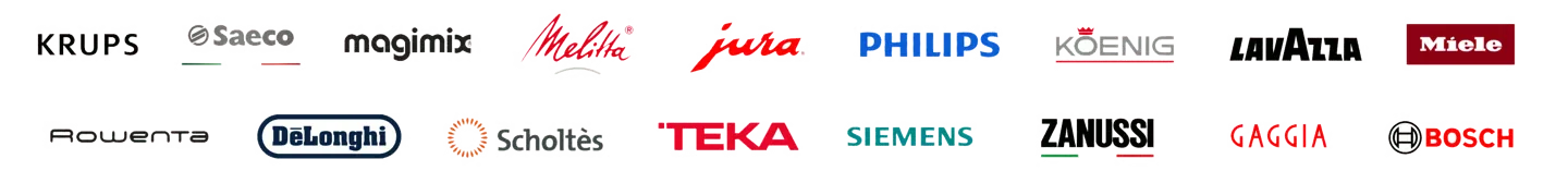 Logos des marques réparées : Krups, Saeco, Magimix, Melitta, Jura, Philips, Koenig, Lavazza, Miele, Rowenta, De’Longhi, Scholtès, Teka, Siemens, Zanussi, Gaggia, Bosch
