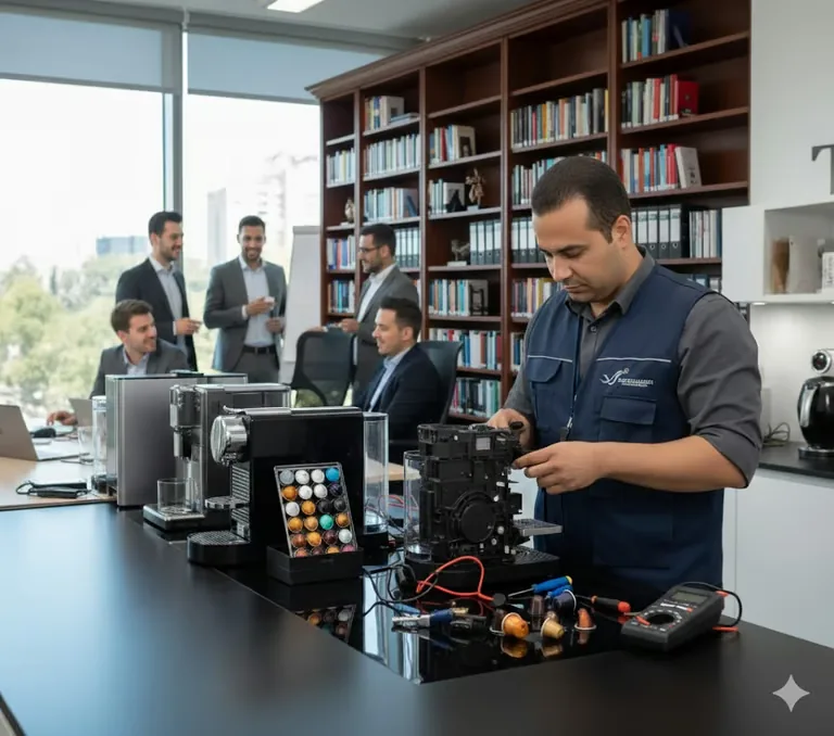 Technicien Electro Maher réparant une machine à café dans les locaux d’une entreprise