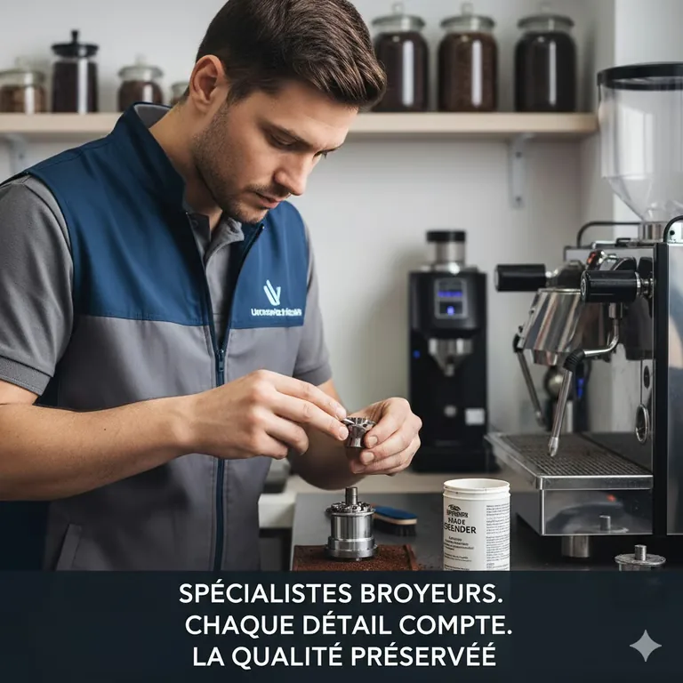 Technicien réglant un broyeur de machine à café — spécialistes broyeurs, chaque détail compte